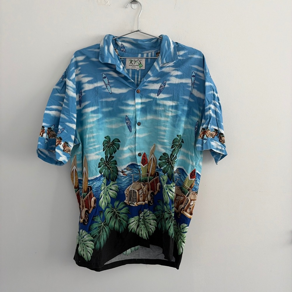 KY'S Made in Hawaii Mens Blue Woody Surfboard Palm Tree Aloha Shirt